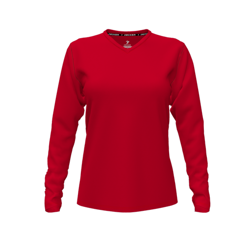 [CUS-DFW-TEES-CMF-VNK-LSL-RED-FYXS-LOGO1] Comfort T-Shirt (Female Youth XS, Red, V Neck, Logo 1, Long Sleeve)